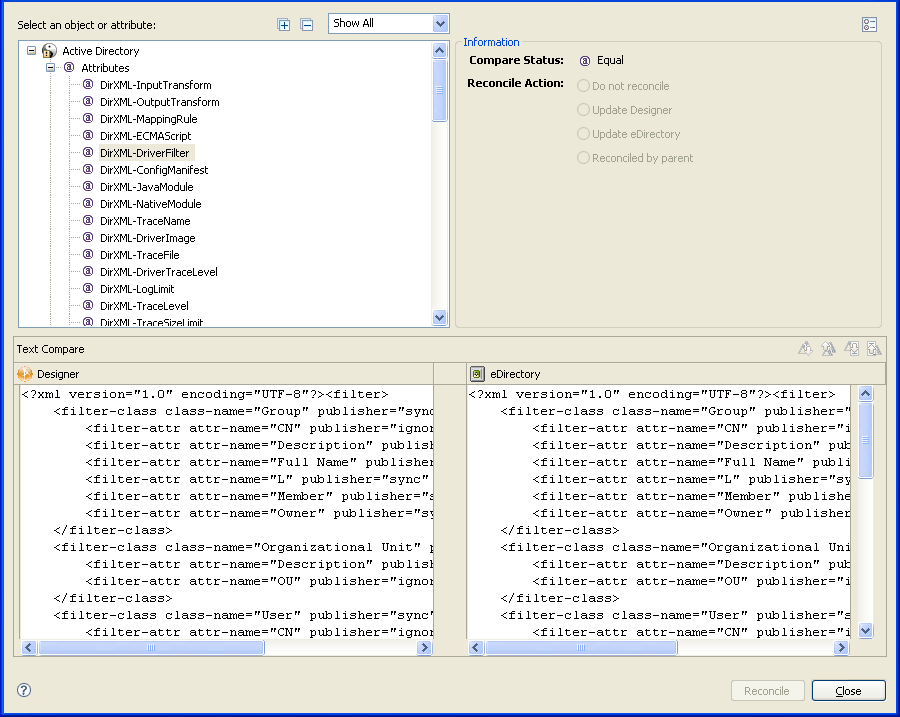 The Designer/eDirectory Object Compare window
