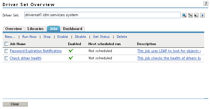 Jobs tab on Driver Set Overview page