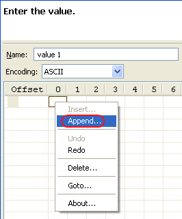 Selecting Append in the Hex editor