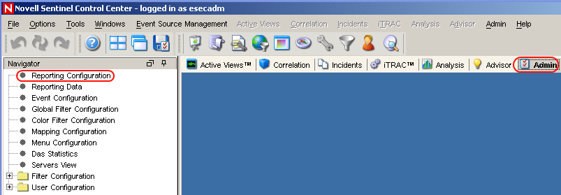 Reporting Configuration option under the Admin tab