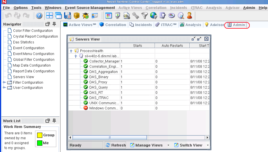 Admin tab in Sentinel