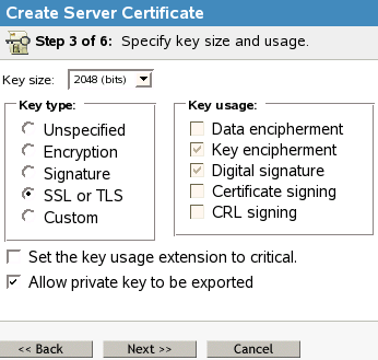Specifying key size and usage for the certificate