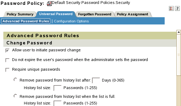 Advanced Password Rules under the Universal Password tab