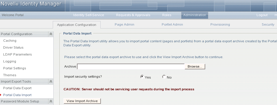 Selecting the Portal Data Import option
