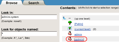 Selecting the user padmin.admins.system