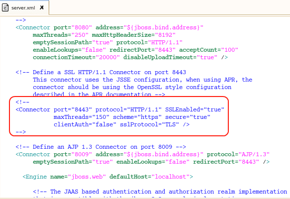 SSL section of the server.xml file to find