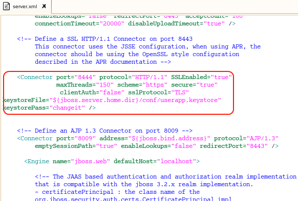 SSL section of the server.xml file enabled