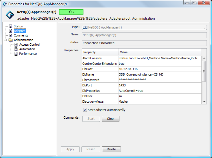 NetIQ AppManager Properties dialog box