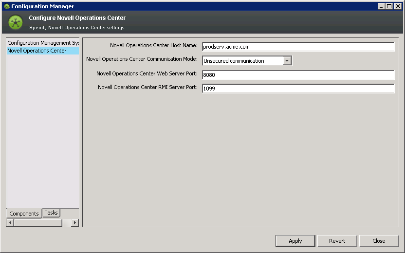 The myCMDB Configuration Manager showing Managed Objects Server Settings