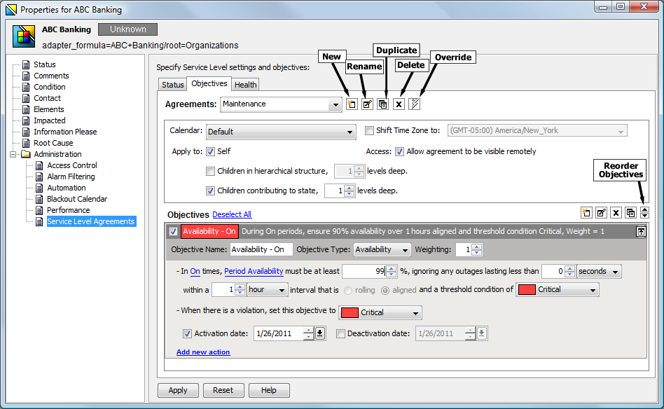 Objectives Tab of Service Level Agreement Property Page