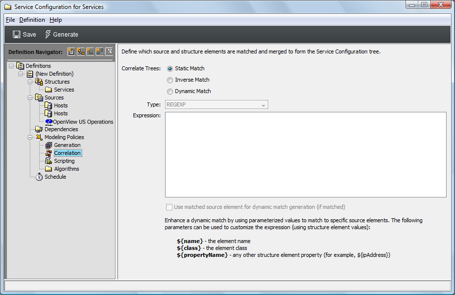 Service Configuration View of Managed Objects Console