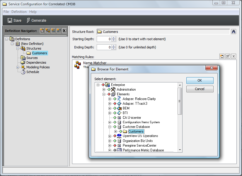 Browse for Element Dialog Box over Service Configuration Editor