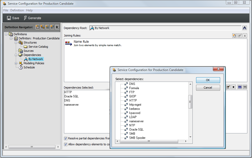 Service Configuration for Production Candidate Dialog Box