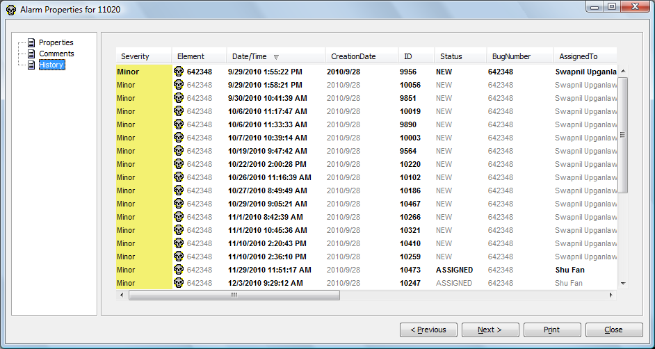 Alarm History Property Page