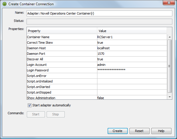 Create Container Connection dialog box