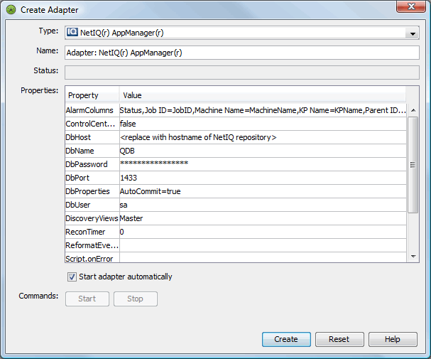 Create adapter dialog box