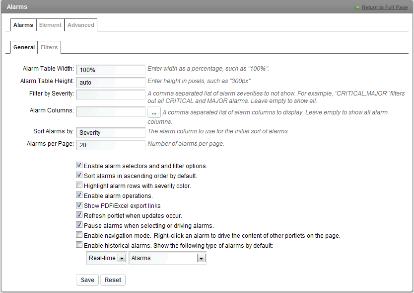 Alarm Component Configuration Options