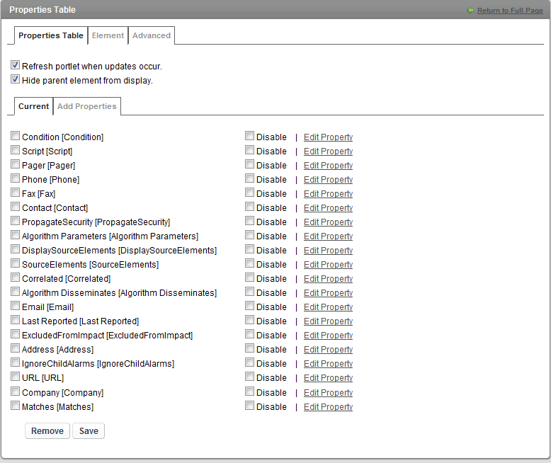 Configuration Options for Properties Table Portlet