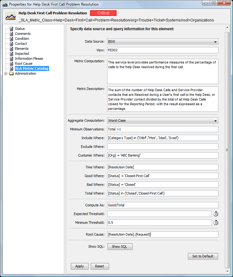 SLA Metric Catalog for an Element