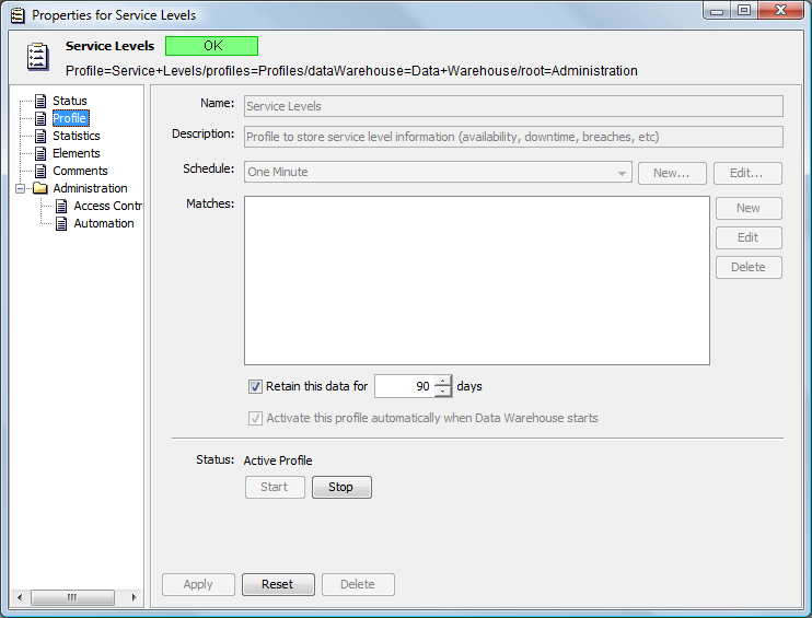 Service Levels Profile Properties
