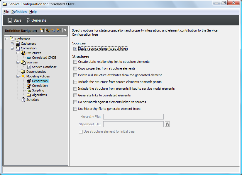 Generation Definition in the Service Configuration Editor