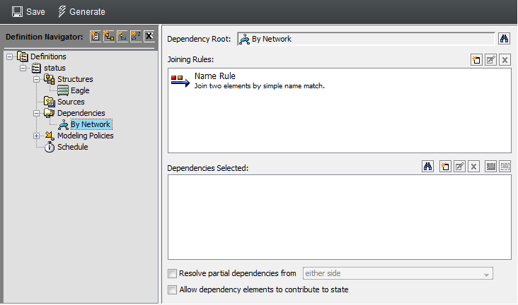 Dependency Definition in Definition Navigator Panel