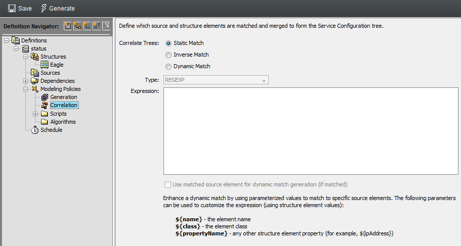Correlation Settings in Definition Editor