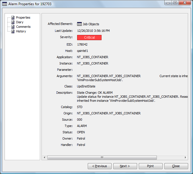 Alarm Properties Page