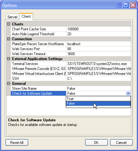 Client tab of the Options dialog box