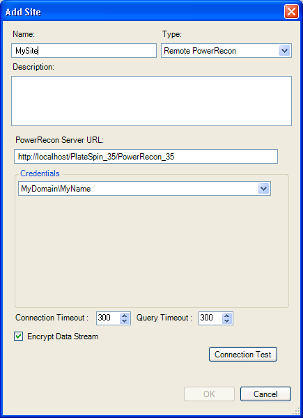 Add Site: Remote PlateSpin Recon Dialog Box