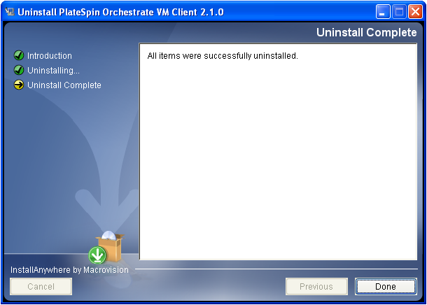 VM Client Uninstallation Wizard - Uninstall Complete Page