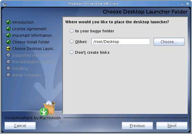VM Client Installation Wizard - Choose Desktop Launcher Folder Page