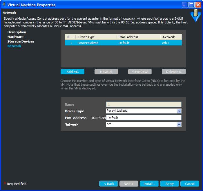 Network Page of the Virtual Machine Properties Wizard
